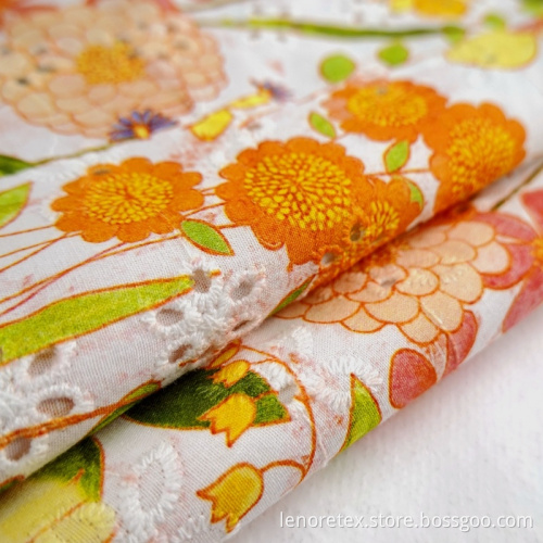 Cotton Woven Poplin Flower Printed Cutwork Embroidery Fabric